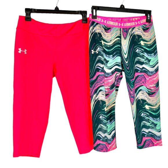 Under Armour 2 Pair of Capri Pants Youth XL Solid Neon Orange and Green Swirl - Picture 1 of 6